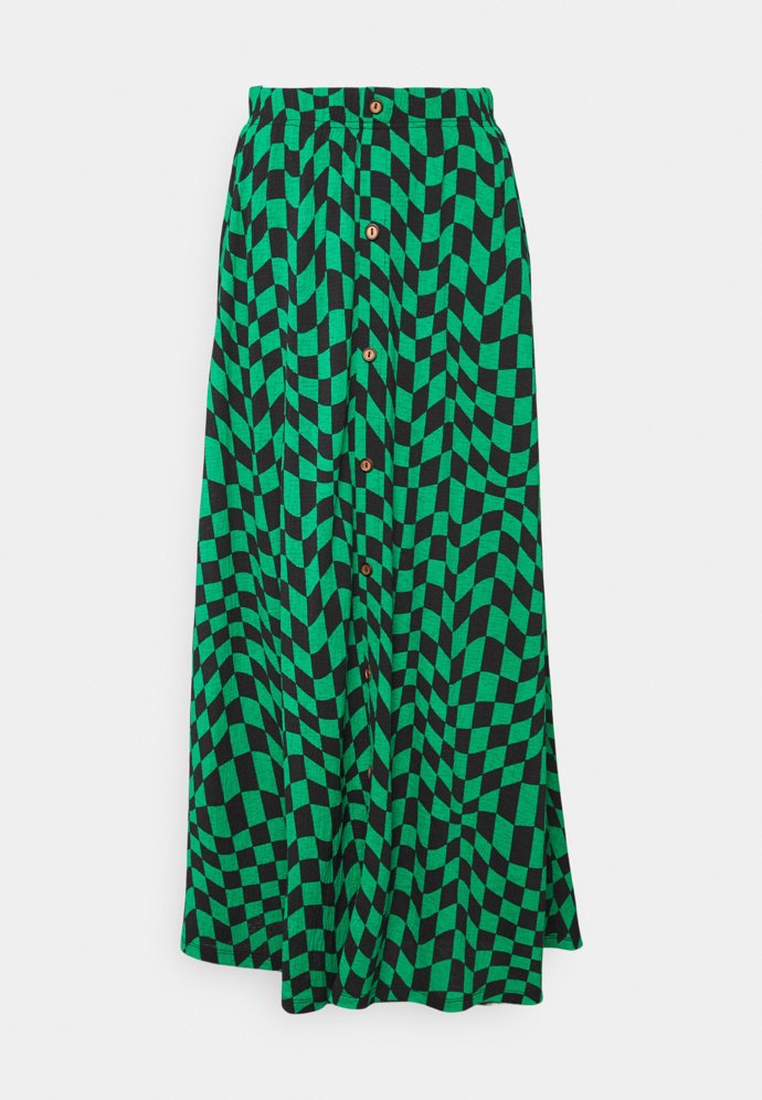 Psychedelické vzory na kontrastně zbarvené sukni s propínáním. (Only Tall, 799 Kč)