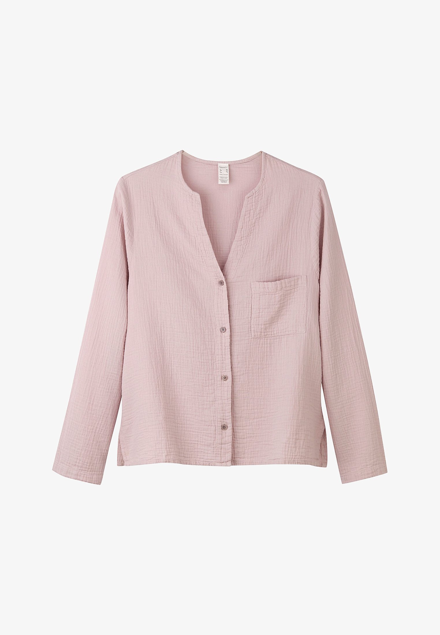 Blůza na knoflíčky z pudrově růžového mušelínu. (Hessnatur, 1 690 Kč)