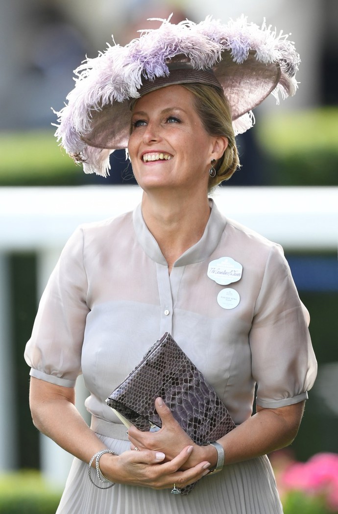 Jeden z nejslušivějších outfitů předvedla Sophie v roce 2018 na dostizích v Ascotu. Klobouk od Jane Taylor skvěle sladila s psaníčkem Ginny za 7 900 Kč vyrobeného z telecí a hadí kůže.