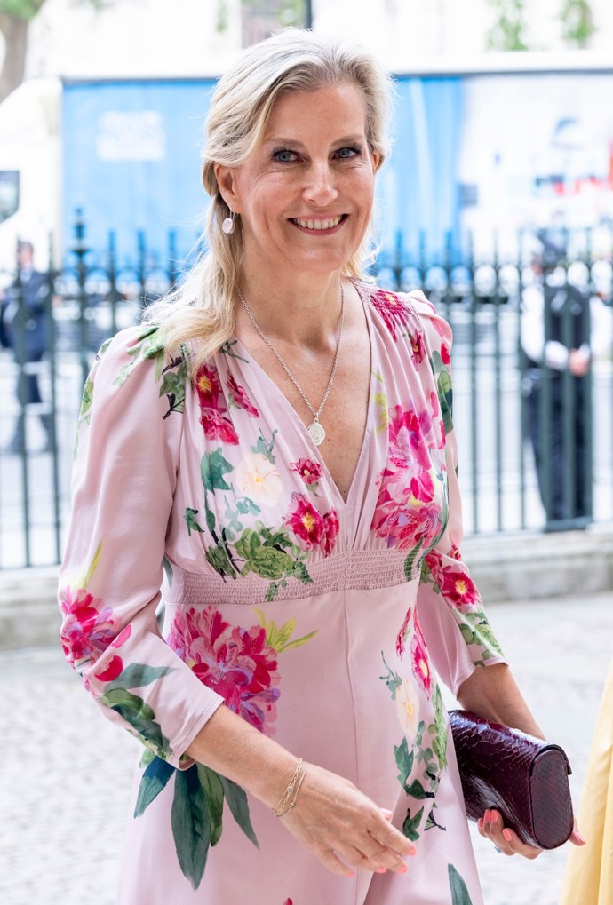 Letos zazářila Sophie na výročí Národního zdravotního institutu v květovaných hedvábných šatech své oblíbené značky Suzannah, které doplnila ručně lakovaným psaníčkem z hadí kůže za 9 400 Kč.