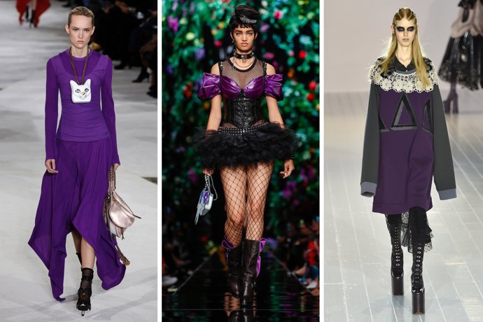 11. Dle společnosti Pantone je odstín Ultra Violet hodný experimentování. A tak se módní domy Loewe (vlevo), Moschino (uprostřed) a Marc Jacobs neupejpaly.