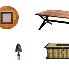 Zleva: Fotorámeček: 1 190 Kč, industriální konferenční stůl: 1 190 Kč, váza korek: 112 Kč (jediný kus!), zátka na víno - rýč: 62 Kč, krabička na kapesníky Bali: 90 Kč; vše Homelove.cz.