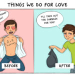 Projevy lásky. Vlevo v bublině: „Udělám pro tebe všechno!“ Vpravo v bublině: „Že jsi to ty, tak ty odpadky vynesu.“