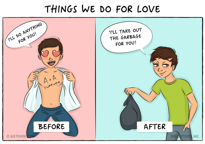 Projevy lásky. Vlevo v bublině: „Udělám pro tebe všechno!“ Vpravo v bublině: „Že jsi to ty, tak ty odpadky vynesu.“