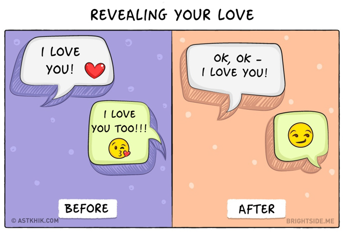 Vyznání citů. Vlevo: „Miluju tě!“ „Taky tě miluju!!!“ Vpravo: „Jasně, jasně, miluju tě.“