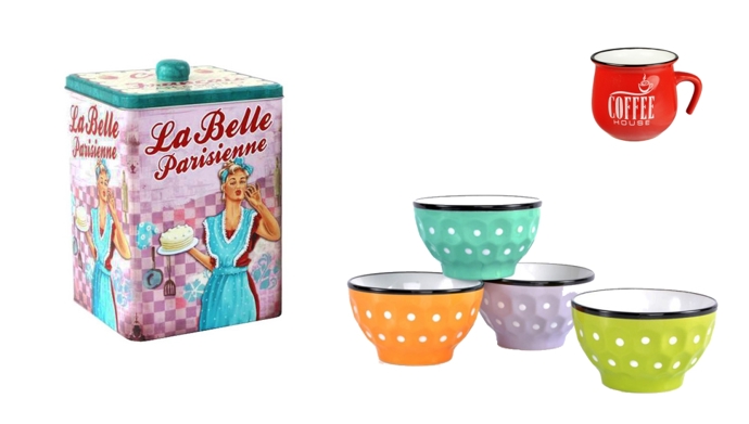 Zleva: plechová dóza: 315 Kč, hrnek coffee - červený: 133 Kč, porcelánová miska: 1 ks za 112 Kč; vše Homelove.cz.