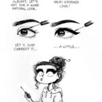 Zleva: (Obr. 1) Dneska si udělám přirozený vzhled. (Obr. 2) Sakra, linka je nakřivo! (Obr. 3) Trošku to opravím... (Obr. 4) Trošku... (Obr. 5) ...