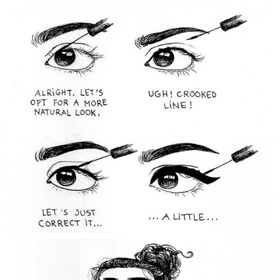 Zleva: (Obr. 1) Dneska si udělám přirozený vzhled. (Obr. 2) Sakra, linka je nakřivo! (Obr. 3) Trošku to opravím... (Obr. 4) Trošku... (Obr. 5) ...