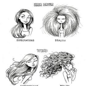 Vlasy – očekávání versus realita. Fénování (obrázky výše), vlasy ve vánku (obrázky níže).