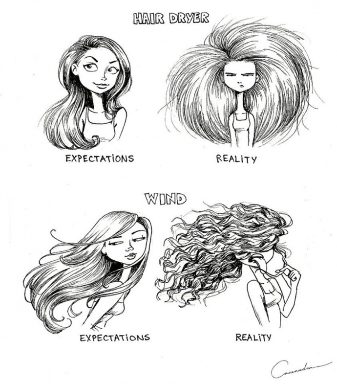 Vlasy – očekávání versus realita. Fénování (obrázky výše), vlasy ve vánku (obrázky níže).