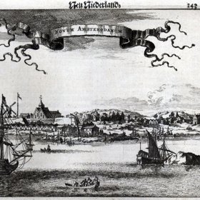 Tento dřevoryt jižního Manhattanu pochází z roku 1651.