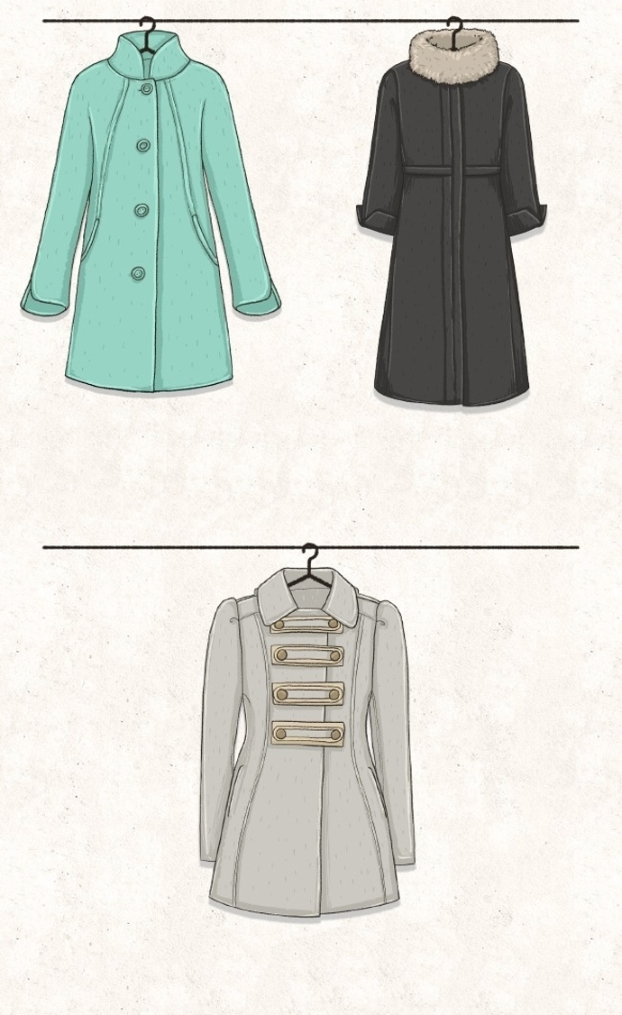 Vyhněte se naopak výrazným kapsám ve spodní části kabátu, širokým páskům i délkám pod a nad kolena.