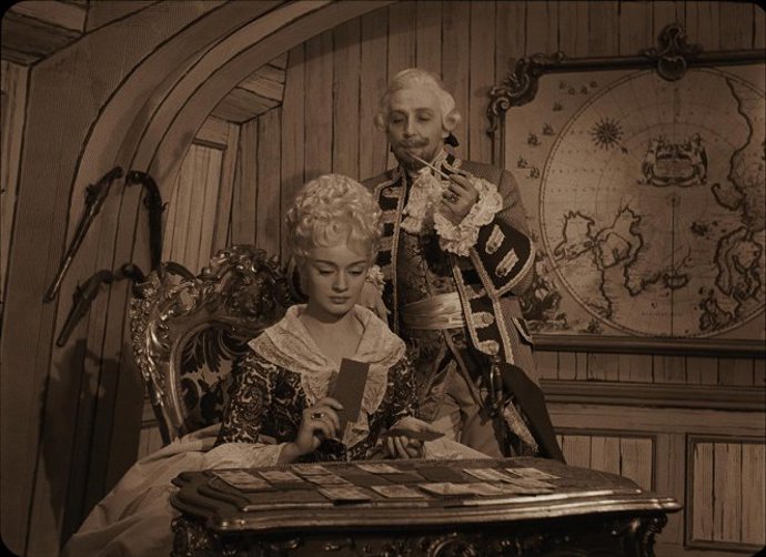 Miloš Kopecký jako Baron Prášil ve filmu Karla Zemana z roku 1961. Na snímku s Janou Brejchovou.
