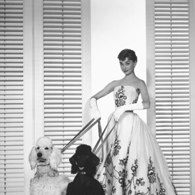 1954

Herečka v černobílé večerní róbě navržené pro film Sabrina.
