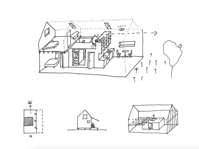 Vnitřní členění není příliš svázané tvarem domu, který vychází z tradiční slovenské lidové architektury. Podobně jako v ní se i zde uplatňuje účelné a praktické zařízení, kde má každé místo svou jasnou funkci.

