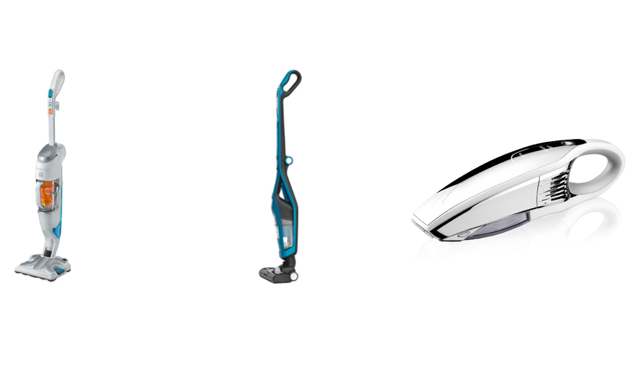 Zleva: parní čistič Rowenta Clean&Steam RY7557WH, tyčový vysavač Rowenta RH6751WO, ruční vysavač ETA Carsha 1424 90000

