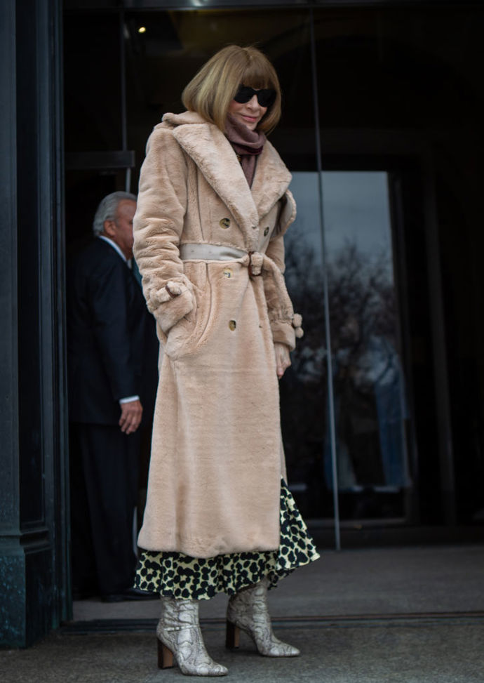 Na newyorském fashion weeku samozřejmě nesměla chybět jedna z nejvlivnějších žen módního průmyslu, Anna Wintour, šéfredaktorka amerického Vogue. Ta pochopitelně ví, že letos na jaře nejvíce ze všeho letí zvířecí vzory a béžová barva.
