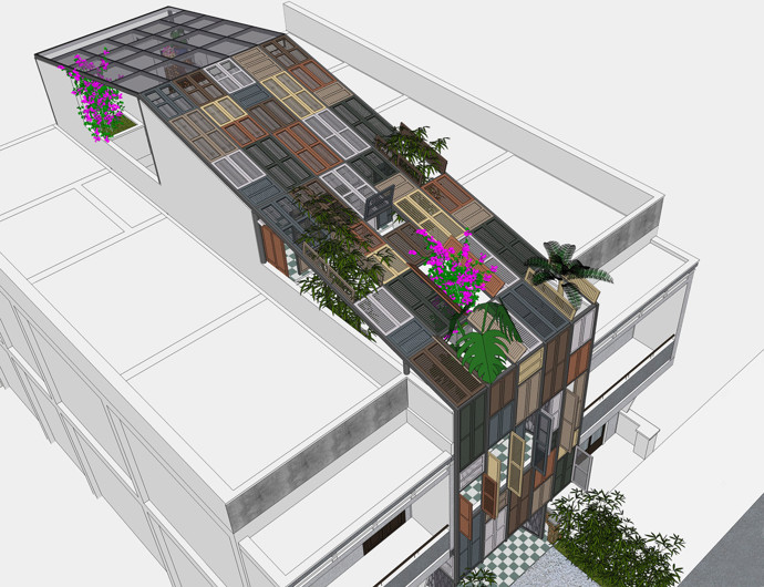 Okenice z dávno zbouraných domů zase slouží. Architekti z nich udělali fasádu a střechu domu, který se tak přirozeně prosvětlil. 
