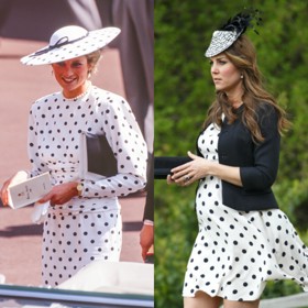 Vlevo princezna Diana v puntíkovaném kompletu na dostizích Royal Ascot v roce 1988, vpravo vévodkyně Kate v šatech z Topshopu jako host na svatbě v roce 2013
