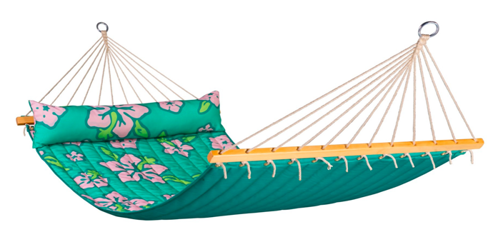Houpací síť pro dva s tyčemi La Siesta Hawaii Double Palm, polstrované lůžko s polštářkem, 140 x 210 cm, nosnost 160 kg, La-siesta.cz, 4990 Kč
