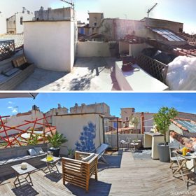 Před a po: Terasa na střeše starého domu byla prázdná a nikdo na ni nechodil. Zahradní architekti ze studia Slow Garden jí vdechli nový život.
