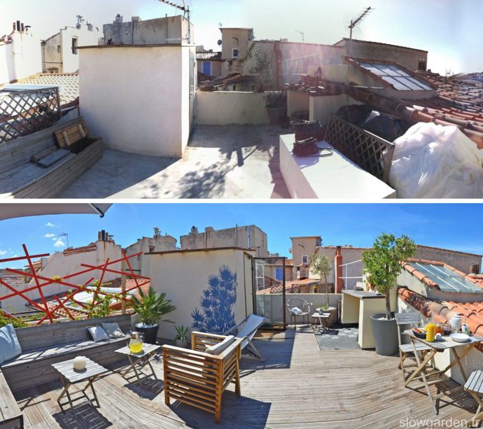 Před a po: Terasa na střeše starého domu byla prázdná a nikdo na ni nechodil. Zahradní architekti ze studia Slow Garden jí vdechli nový život.
