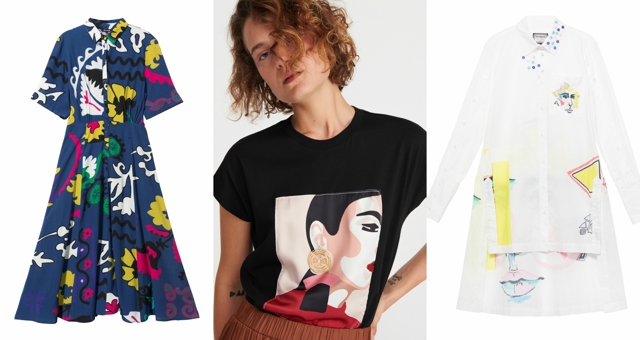 Šaty, Desigual, 3599 Kč; Tričko s potiskem, Reserved, 449 Kč; Kabát, Desigual, 2999 Kč 
