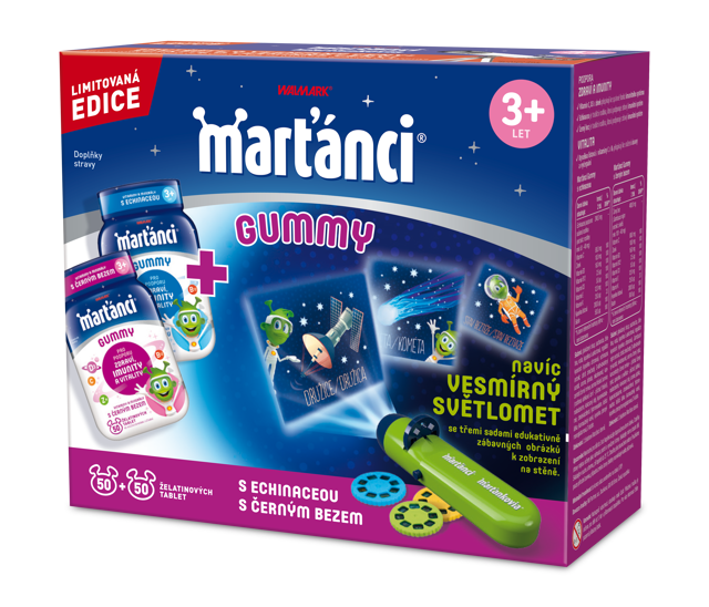 Na doplnění minerálů zkuste například limitovanou edici Marťánky® Gummy s echinaceou a černým bezem a vitaminem C, které přispívající k normální funkci imunitního systému. Ve složení mají i kyselinu listovou a vitaminy B7 a B12 přispívajíci ke snížení únavy a vyčerpání. Navíc v této limitované edici získáte Vesmírný světlomet, s kterým můžete spolu s dětmi objevovat vesmír. Též můžete soutěžit o dalekohled a spoustu dalších hodnotných cen.
