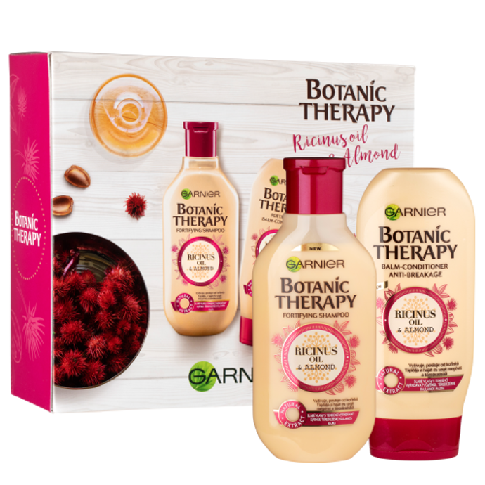Botanic Therapy Ricinový olej & mandle šampon a balzám jsou pro všechny, koho trápí oslabené vlasy, jež mají tendenci vypadávat. Ricinový olej je známý svými posilujícími účinky a díky schopnosti pronikat do vlasových vláken přispívá k posílení vlasů zevnitř. Mandlový olej napomáhá vyživovat oslabené vlasy  (139,90 Kč).
