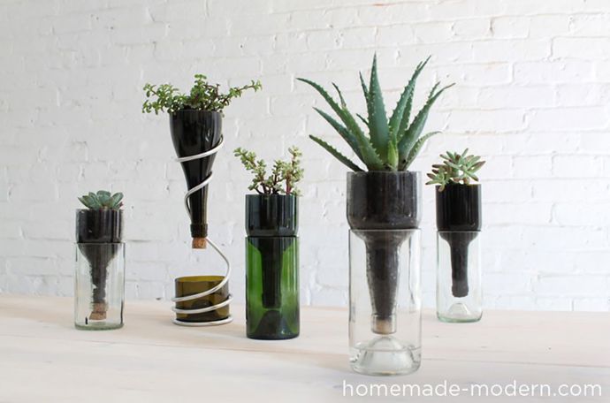 Některé pokojovky jsou velmi citlivé na přelití. Jako otvor pro odtok přebytečné vody poslouží hrdlo lahve. Foto: homemade-modern.com

