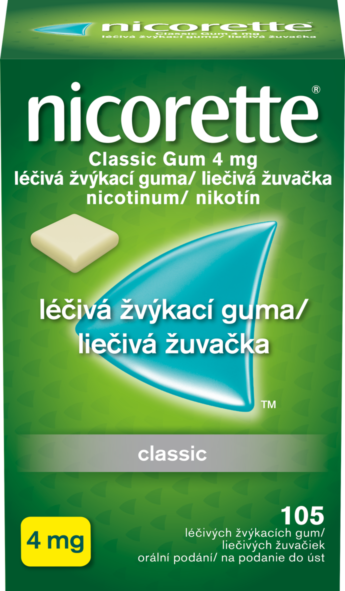 Léčivá žvýkací guma (Nicorette® Classic Gum 2 mg, 4 mg, Nicorette® Freshfruit Gum 2 mg, 4 mg, Nicorette® Icemint Gum 2 mg, 4 mg, léčivá žvýkací guma)
- Zmírňuje chuť na cigaretu, když pocítíte nutkání kouřit.
- Umožňuje Vám plynule reagovat na potřebu doplnění hladiny nikotinu v těle.
- Dovoluje postupné snižování dodávané dávky nikotinu.
- Neobsahuje cukr.
- Denní doporučená dávka léčivých žvýkacích gum je 8-12 lečivých žvýkacích gum.
- Léčivé žvýkací gumy jsou dostupné ve třech příchutích - Classic, Freshfruit nebo Icemint.
Léčivá žvýkací guma (Nicorette® Classic Gum 2 mg, 4 mg, Nicorette® Freshfruit Gum 2 mg, 4 mg, Nicorette® Icemint Gum 2 mg, 4 mg, léčivá žvýkací guma)
- Zmírňuje chuť na cigaretu, když pocítíte nutkání kouřit.
- Umožňuje Vám plynule reagovat na potřebu doplnění hladiny nikotinu v těle.
- Dovoluje postupné snižování dodávané dávky nikotinu.
- Neobsahuje cukr.
- Denní doporučená dávka léčivých žvýkacích gum je 8-12 lečivých žvýkacích gum.
- Léčivé žvýkací gumy jsou dostupné ve třech příchutích - Classic, Freshfruit nebo Icemint.