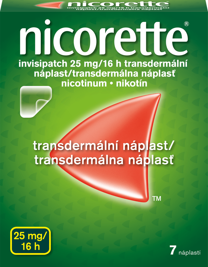 Transdermální náplast (Nicorette® invisipatch 10 mg/16 h, 15 mg/16 h, 25 mg/16 h)
- Diskrétní a jednoduché použití pro odvykající kuřáky, kteří kouří pravidelně během dne.
- Náplast se na noc odlepuje. Váš organismus proto nezatežuje nadbytečným množstvím nikotinu během spánku, kdy se abstinenční příznaky nedostavují.
Transdermální náplast (Nicorette® invisipatch 10 mg/16 h, 15 mg/16 h, 25 mg/16 h)
- Diskrétní a jednoduché použití pro odvykající kuřáky, kteří kouří pravidelně během dne.
- Náplast se na noc odlepuje. Váš organismus proto nezatežuje nadbytečným množstvím nikotinu během spánku, kdy se abstinenční příznaky nedostavují.