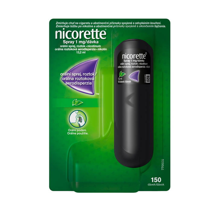 Orální sprej (Nicorette® Spray 1mg/dávka, orální sprej, roztok )
- Zmírňuje chuť na cigaretu a abstinenční příznaky spojené s odvykáním kouření.
- Účinkuje rychle a potlačí touhu po cigaretě již po 30 sekundách*.
- Rychlá úleva od chuti na cigaretu a nutkání kouřit.
- Až 3x rychlejší vstřebávání nikotinu než u pastilek.
- 150 dávek.
- Příchuť máty a lesního ovoce.
- Podle potřeby se užívá 1-2 dávky k potlačení chuti na cigaretu.
*po užití dvou dávek
Orální sprej (Nicorette® Spray 1mg/dávka, orální sprej, roztok )
- Zmírňuje chuť na cigaretu a abstinenční příznaky spojené s odvykáním kouření.
- Účinkuje rychle a potlačí touhu po cigaretě již po 30 sekundách*.
- Rychlá úleva od chuti na cigaretu a nutkání kouřit.
- Až 3x rychlejší vstřebávání nikotinu než u pastilek.
- 150 dávek.
- Příchuť máty a lesního ovoce.
- Podle potřeby se užívá 1-2 dávky k potlačení chuti na cigaretu.
*po užití dvou dávek