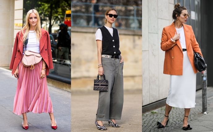 6. Elegantně

Klasicky střižené tričko nám evokuje spíš sportovně laděné outfity, snadno s ním ale vytvoříte i elegantní look. Stačí ho obléct k plisované sukni v midi délce nebo pod elegantní vestičku k širokým kalhotám.
