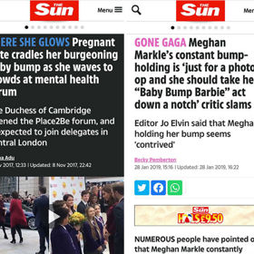Ruka na těhotenském bříšku

Mysleli jste si, že na pohlazení těhotenského bříška není nic neobvyklého? Takový názor zastával také britský bulvár, který vévodkyni Kate za její ruku na rostoucím bříšku chválil. Obrat přišel ve chvíli, kdy byla těhotná Meghan Markle. Ten samý bulvární plátek, The Sun, ji označil za falešnici, která si hladí bříško pouze „na fotku“.
