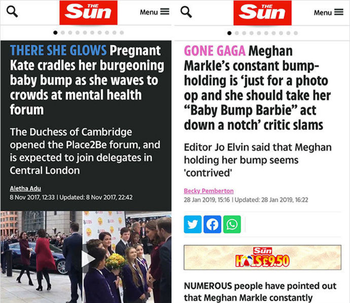 Ruka na těhotenském bříšku

Mysleli jste si, že na pohlazení těhotenského bříška není nic neobvyklého? Takový názor zastával také britský bulvár, který vévodkyni Kate za její ruku na rostoucím bříšku chválil. Obrat přišel ve chvíli, kdy byla těhotná Meghan Markle. Ten samý bulvární plátek, The Sun, ji označil za falešnici, která si hladí bříško pouze „na fotku“.
