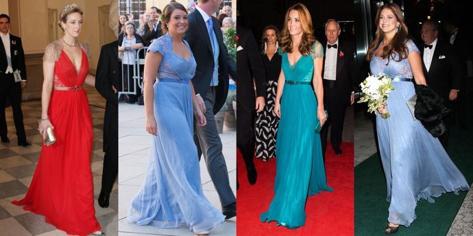 Róby od návrhářky Jenny Packham jsou velmi oblíbené, a to nejen u britské královské rodiny. V lednu 2012 je oblékla dánská princezna Alexandra. V bleděmodré verzi jsme je mohli v září 2013 zahlédnout také na princezně Alexandře Lucemburské, která je oblékla na svatbu prince Felixe Lucemburského s Claire Lademacher. Vévodkyně z Cambridge zase dala přednost nefritově zelené verzi šatů a švédská princezna Madeleine zazářila ve světle modré róbě.
