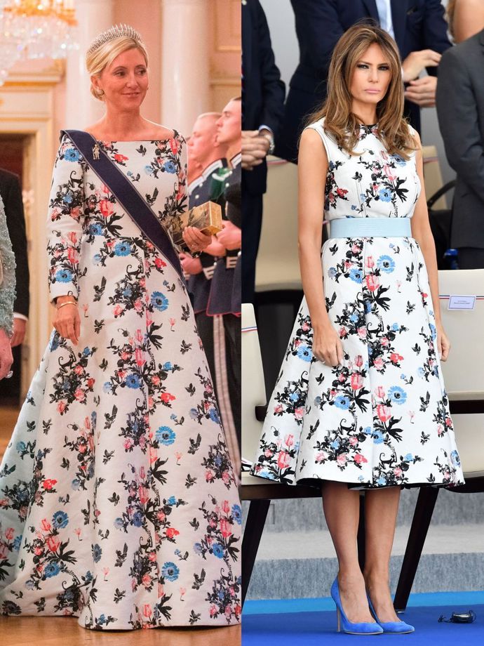 Řecká korunní princezna Marie-Chantal si na počest 80. narozenin norského krále oblékla dlouhé šaty Valentino. Do kratší verze šatů se ale zamilovala také bývalá první dáma Spojených států amerických, Melania Trump, která v nich sledovala vojenskou přehlídku ke Dni Bastily na bulváru Champs-Élysées.
