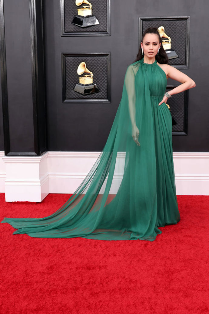 Sofia Carson dorazila na červený koberec v tmavě zelených šatech Valentino.
