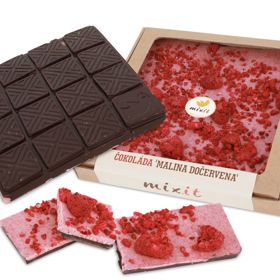 Čokoláda od Mixit s kombinací kvalitní tmavé čokolády s elegantní vrstvou čokolády bílé, ozdobené a ochucené malinami.
