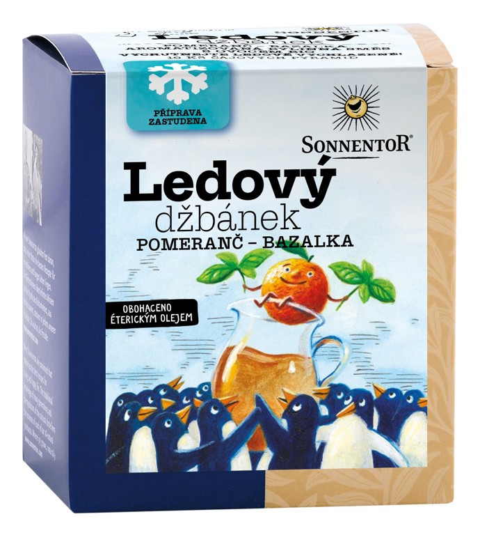 Osvěžení v podobě ledového čaje? Proč ne! Vyzkoušejte například Ledový džbánek s příchutí pomeranče a bazalky. Prodává Sonnentor, 140 Kč.
