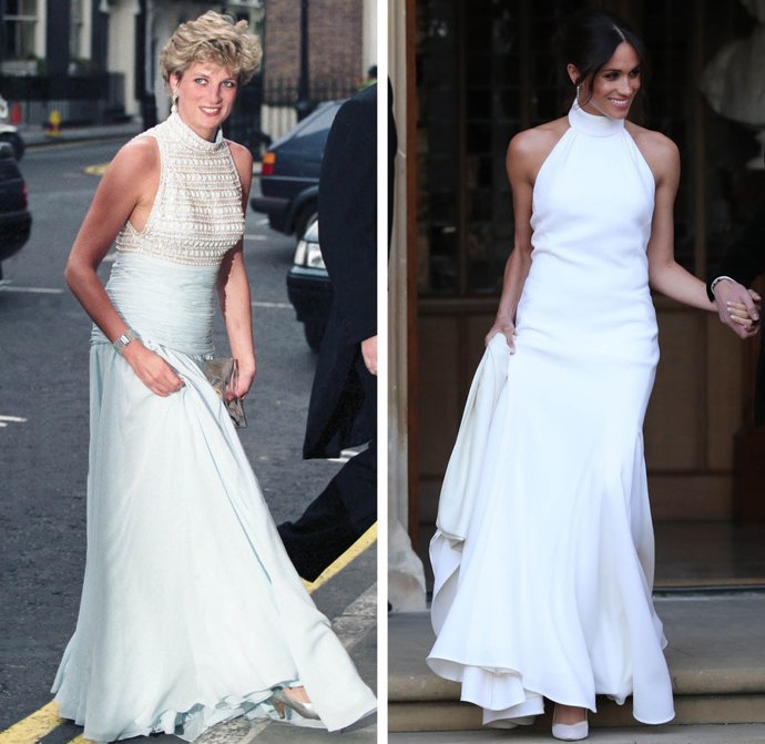 Všimli jste si toho, že druhé svatební šaty Meghan Markle se až nápadně podobaly róbě, kterou princezna Diana oblékla na recepci v Spencer House v Londýně?
