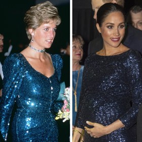 Třpytivá róba nikdy nevyjde z módy! Princezna Diana v roce 1990 vsadila na šaty od Catherine Walker, zatímco vévodkyně ze Sussexu dala přednost podobné róbě od Rolanda Moureta.
