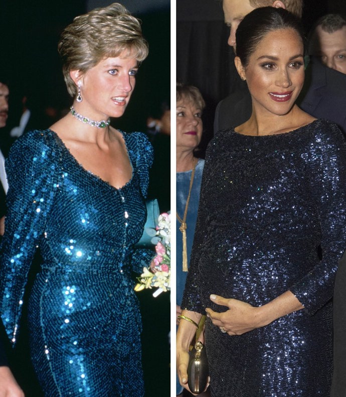 Třpytivá róba nikdy nevyjde z módy! Princezna Diana v roce 1990 vsadila na šaty od Catherine Walker, zatímco vévodkyně ze Sussexu dala přednost podobné róbě od Rolanda Moureta.
