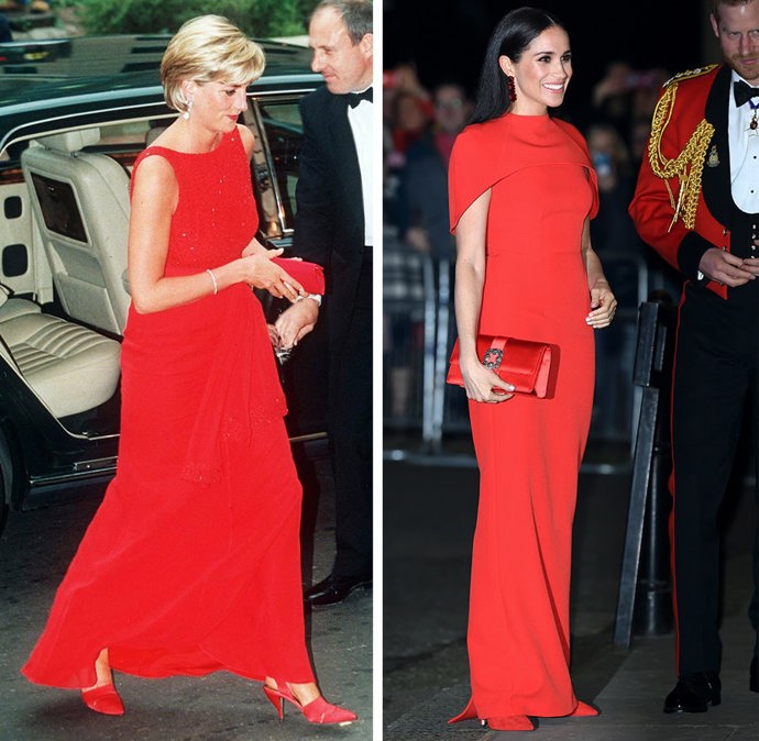 Meghan Markla měla na hudebním festivalu Mountbatten v Royal Albert Hall červené šaty od Safiyaa, které vypadaly velmi podobně jako červené šaty Jacquese Azaguryho, které na sobě měla princezna Diana v roce 1997.
