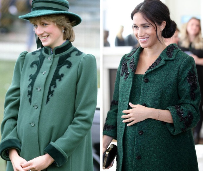 Zřejmě nebudeme daleko od pravdy, když řekneme, že smaragdově zelný kabát princezny Diany byl pro Meghan Markle velkou inspirací. 
