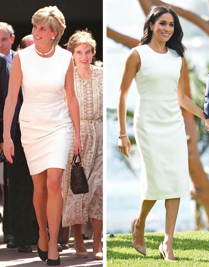 Meghan Markle ráda nosí jednoduché kousky oblečení, což dokazují tyto bílé šaty. Obdobný střih milovala také princezna Diana.
