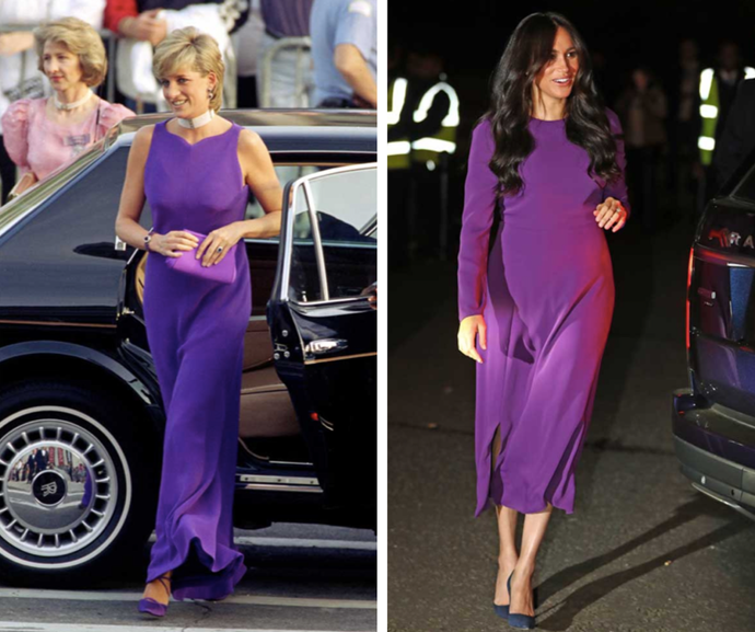 Opět ve fialové - Diana ve Versace a Meghan v Aritizia.
