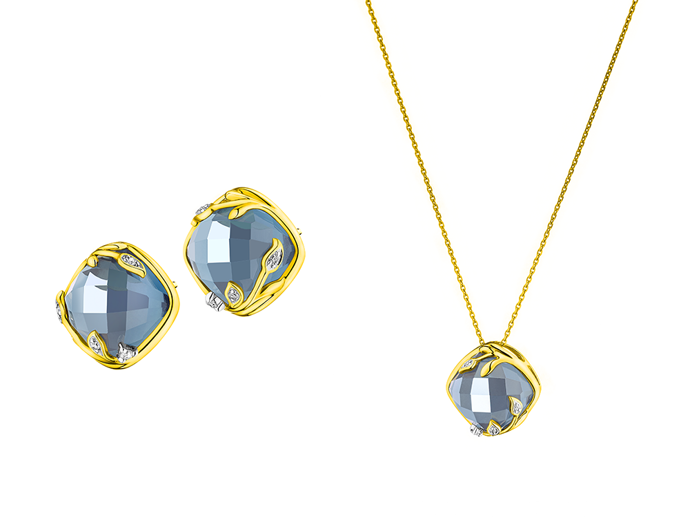 Zlaté náušnice s diamanty a topazem; Zlatý přívěsek s diamanty a topazem
Zlaté náušnice s diamanty a topazem; Zlatý přívěsek s diamanty a topazem