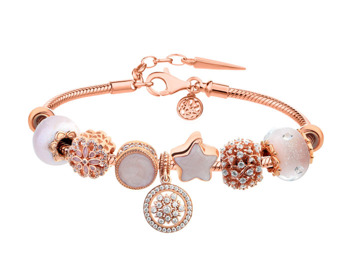 Pozlacený stříbrný náramek beads sada - květy, hvězdy
